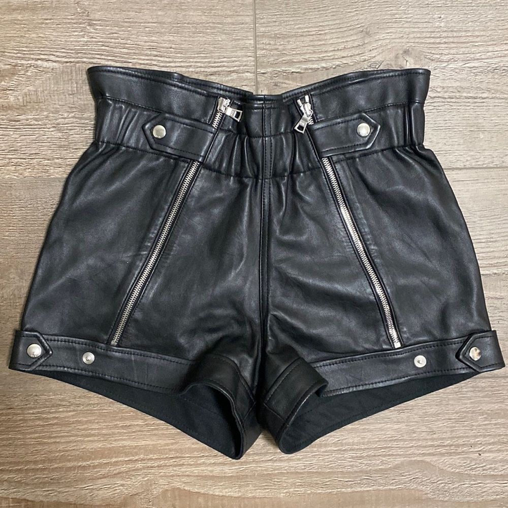 RtA Pull On Leather Shorts Paperbag Waist Exposed Zippers Motorcycle Biker Style